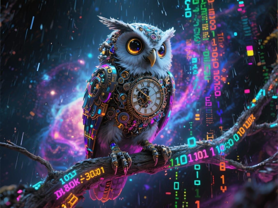 Clockwork Owl on Binary Code Branch in Neon Nebula