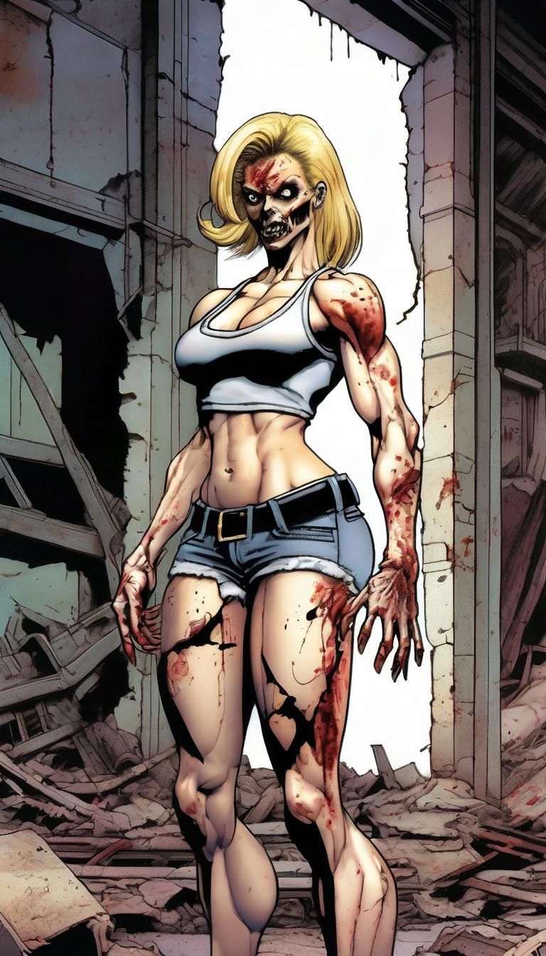 Comic Book Zombie Bodybuilder in Ruined Academy