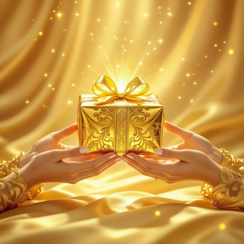 Elegant Hands Holding Glowing Golden Gift in Opulent Style