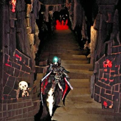 Dark Dungeon Corridor with Glowing-Eyed Skeleton