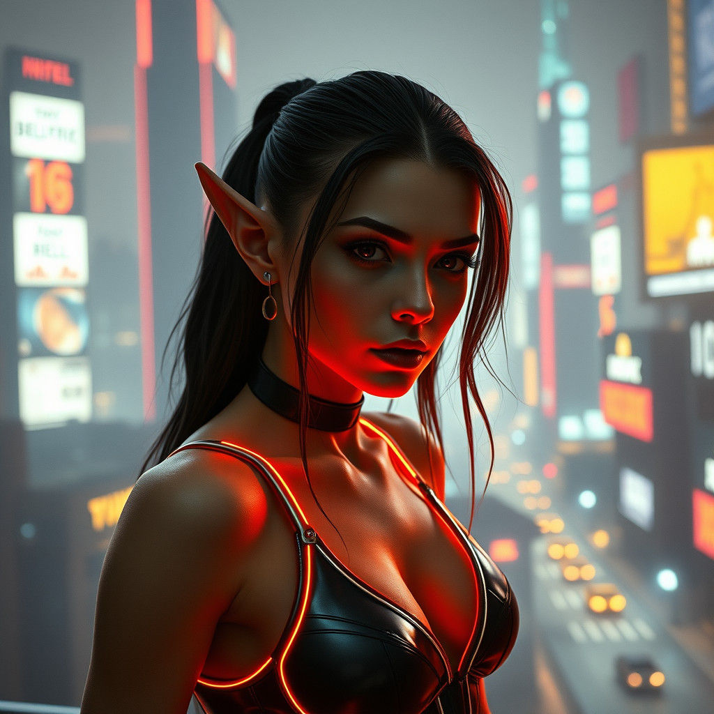 Elf Girl in Futuristic Cityscape, Cinematic Film Still