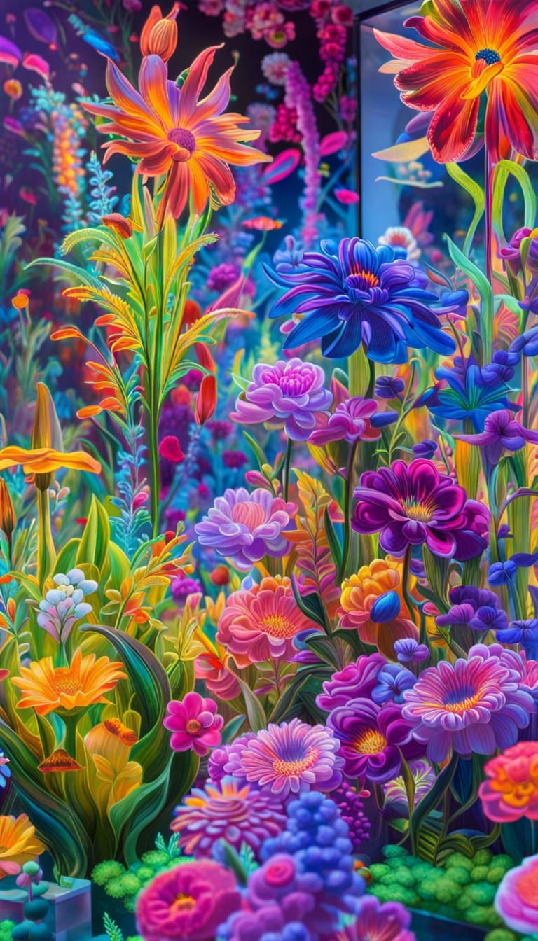 Glowing Flower Exhibit in a Museum, Lisa Frank Style
