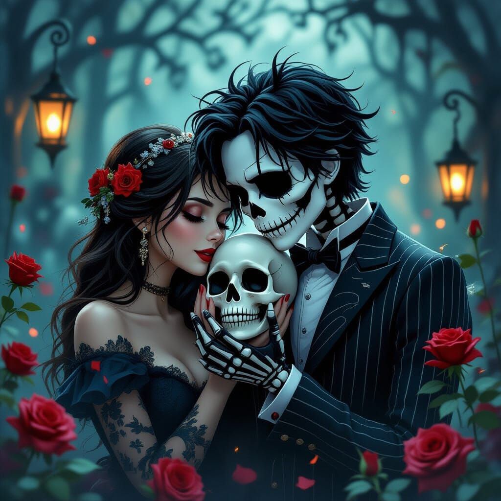 Sally Holding Jack Skellington's Skull in Dark Fairytale Sty...