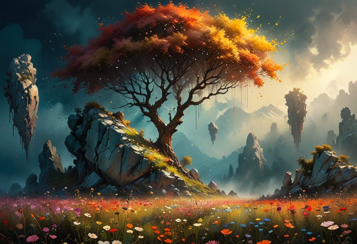 Ethereal Valley of Floating Trees and Rocks in Soft Light