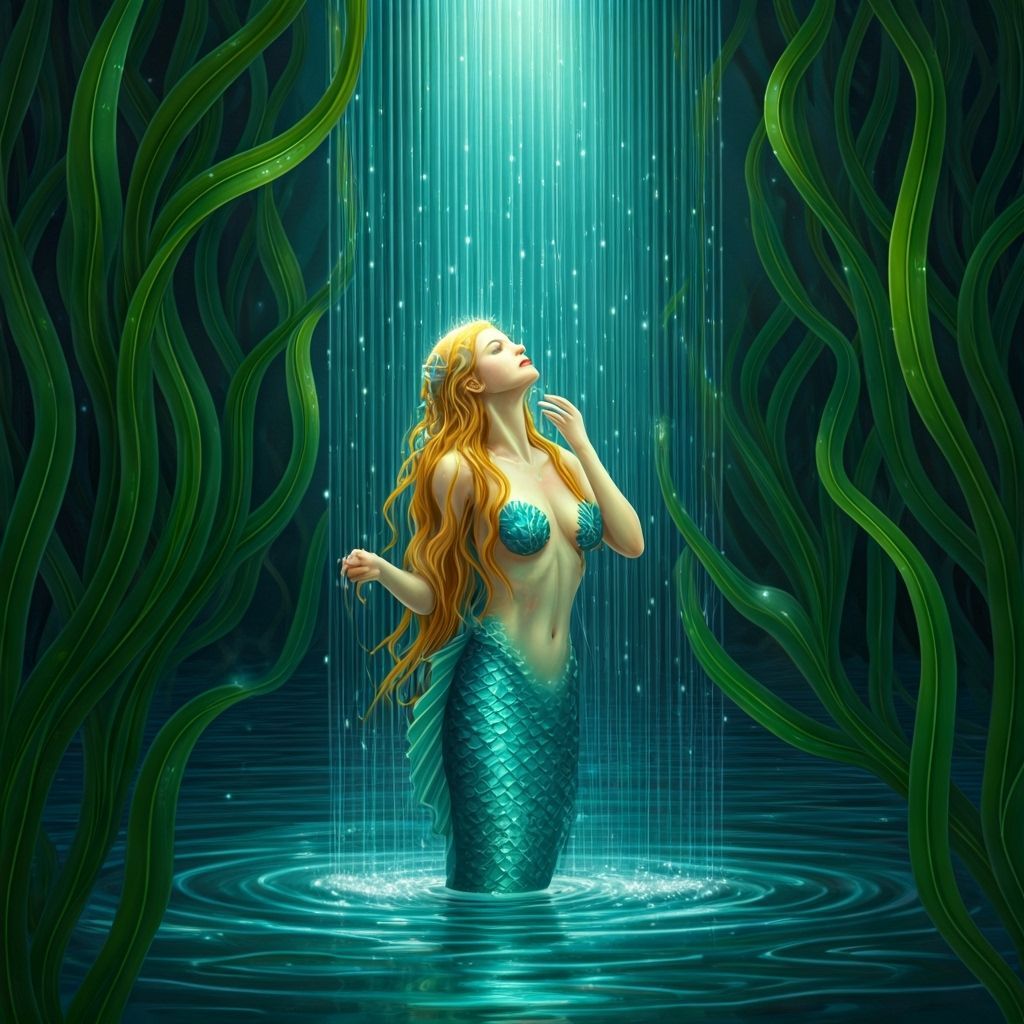 Turquoise Mermaid Showering in Waterfall, Dreamy Digital Art