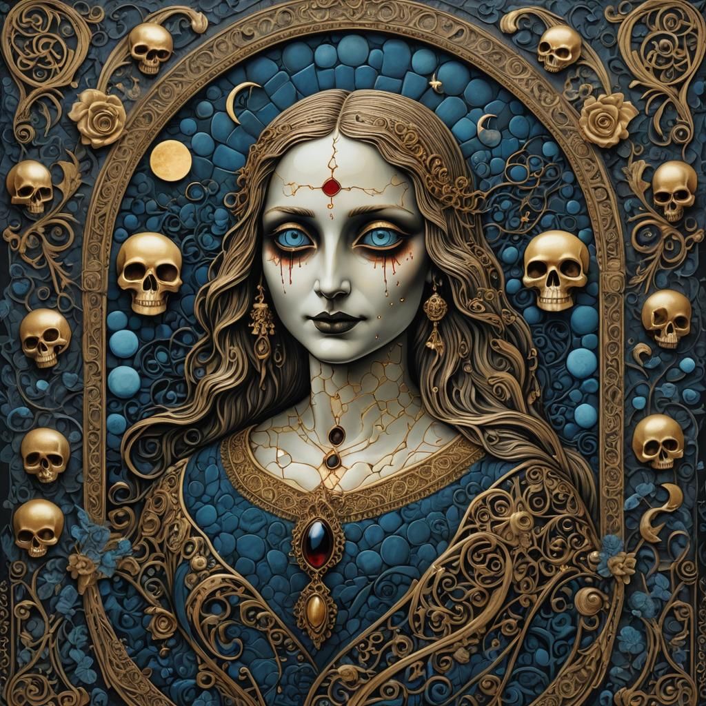 Macabre Stone Heart Ink Illustration with Golden Moon