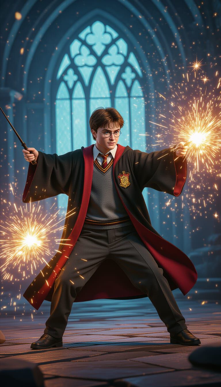 Harry Potter in Magical Duel with Sparkles, Digital Painting