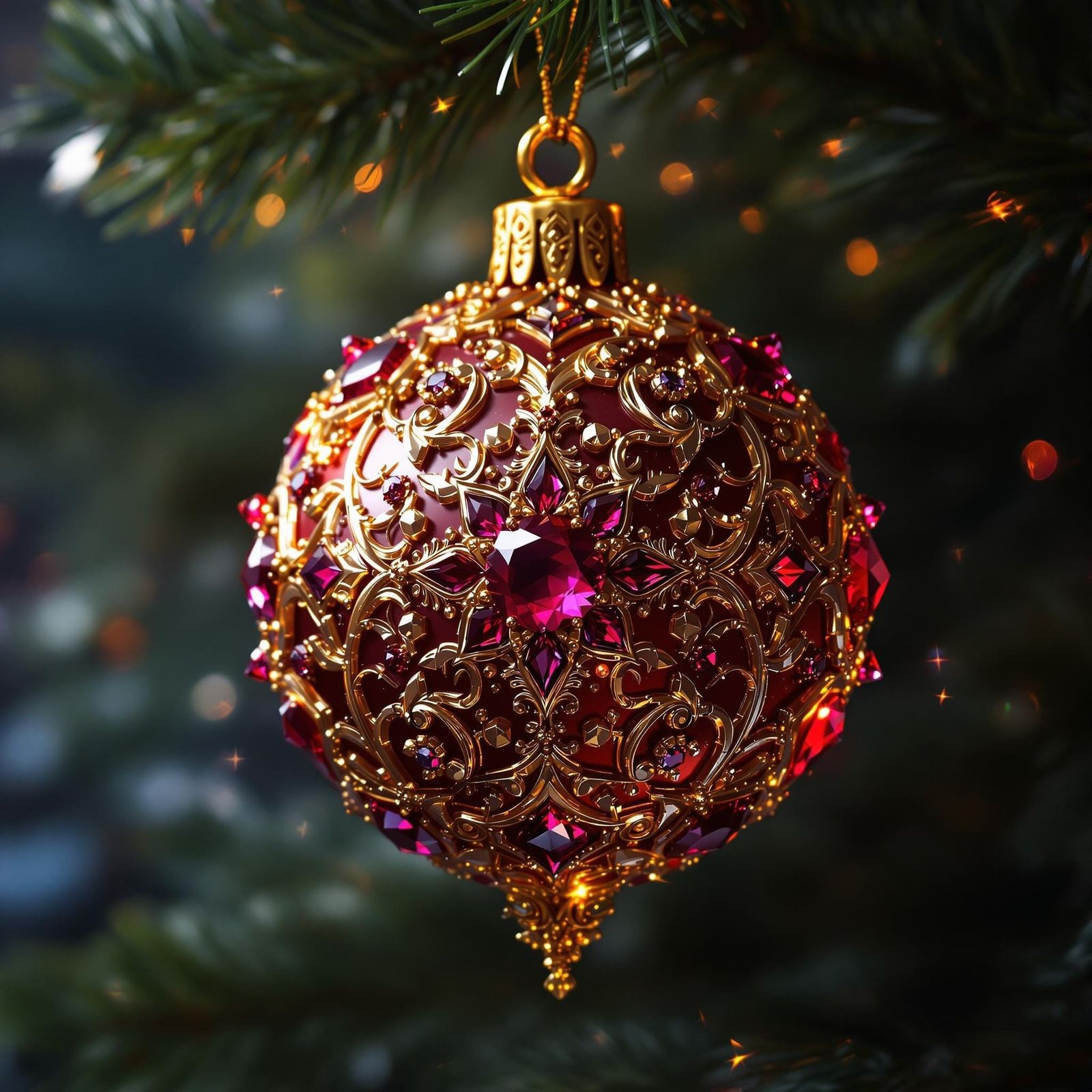 Ornate Golden Christmas Ornament Glows with Ruby Splendor