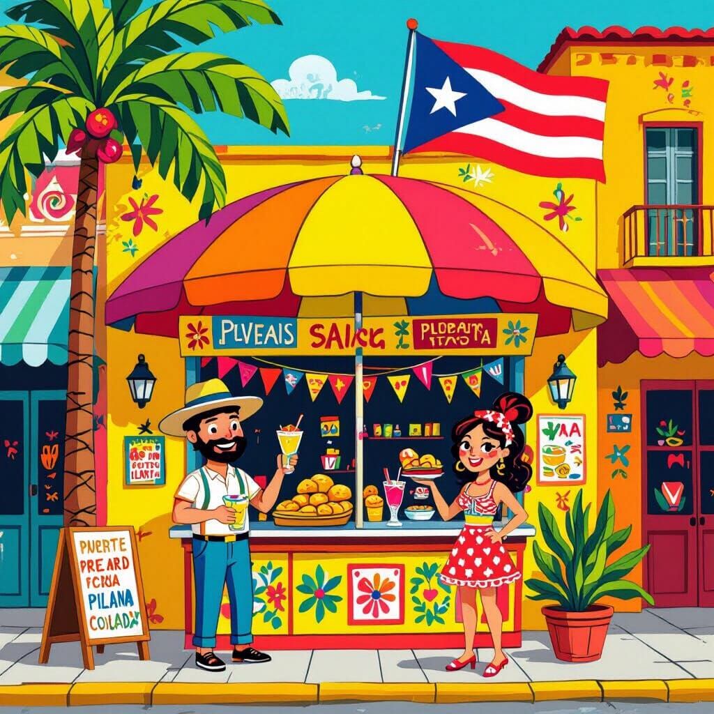 Cartoon-Style Puerto Rican Kiosko with Pastelillos