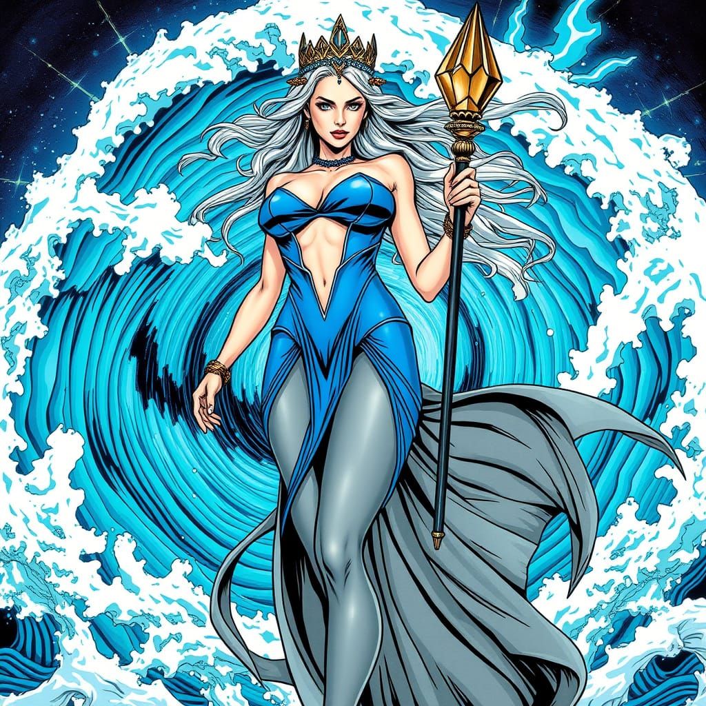 Fantasy Sea Goddess with Neon Vortex in Comic Book Style