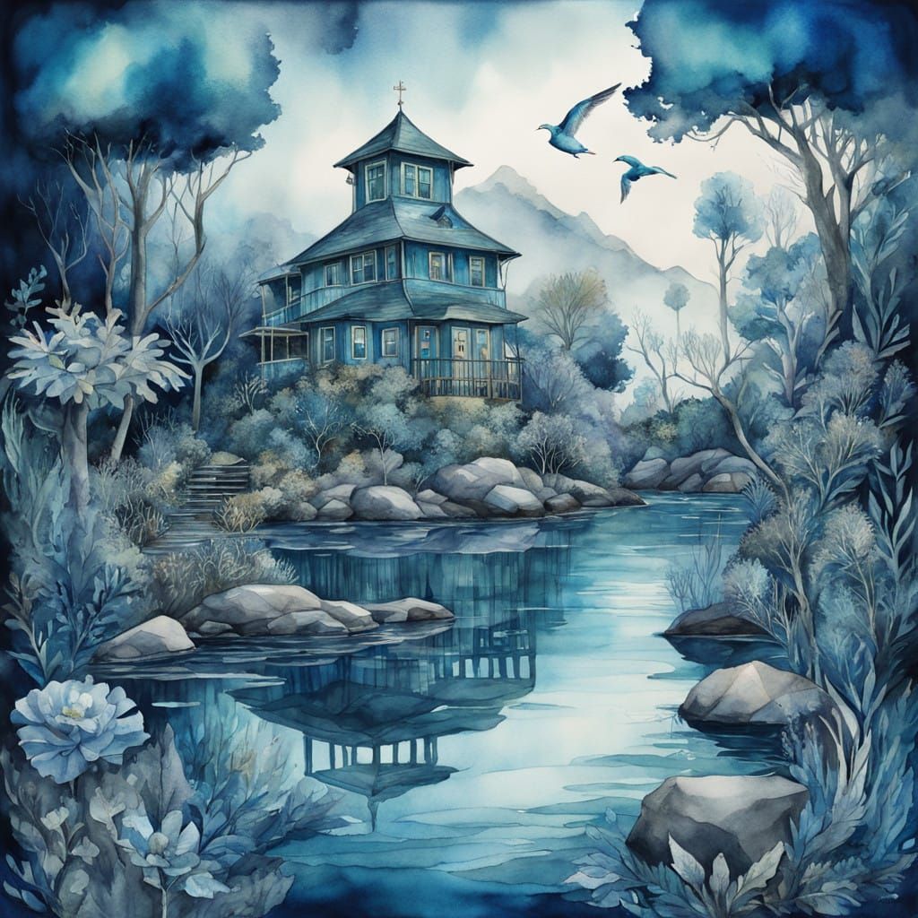 Whimsical Wilderness Bay in Unrealistic Blue and Teal