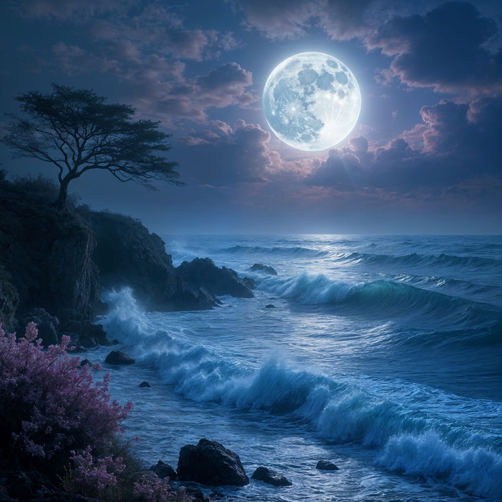 Moonlit Ocean Landscape at Night: Ultra-Realistic