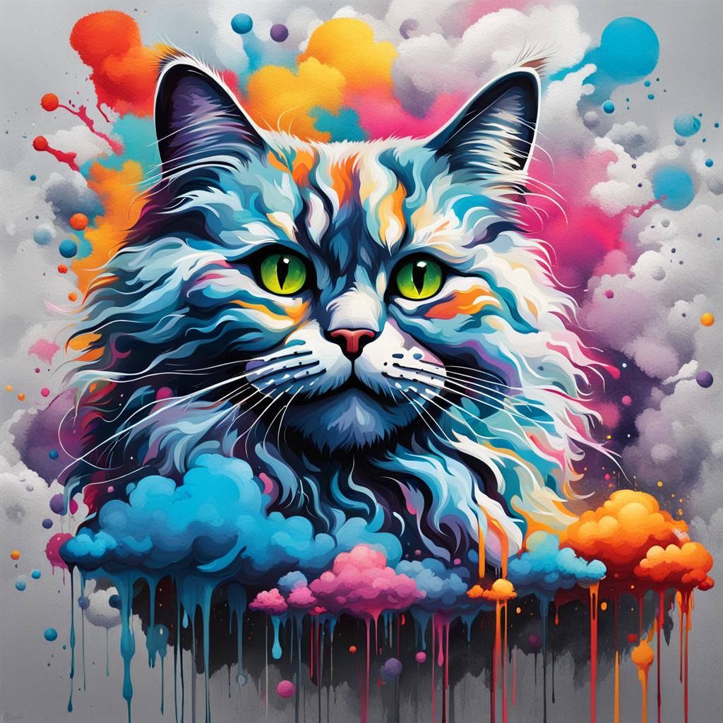 Fluffy Cloud Cat in Graffiti Splash Art Style