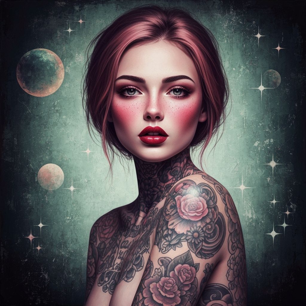 Gothic Tattooed Woman in Surreal Dreamscape