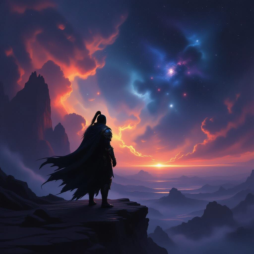 Warrior on Nebula Edge in Cosmic Horror Style