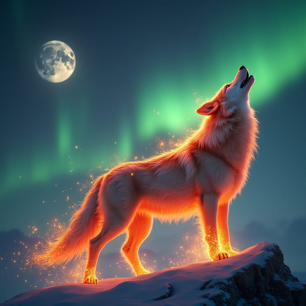 Fiery Wolf Stands Majestically Under Northern Lights with Si...