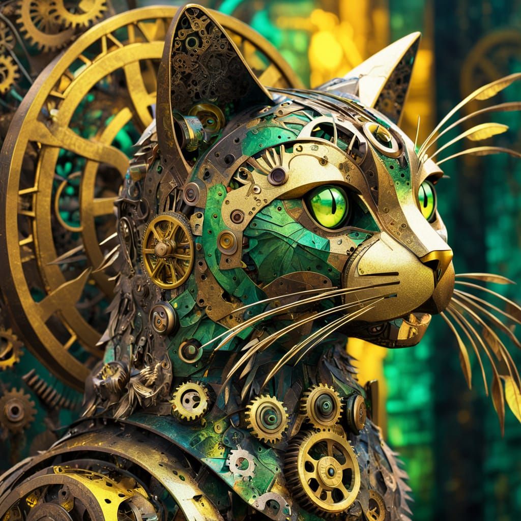 Steampunk Mechanical Cat Sculpture in Cubist Style