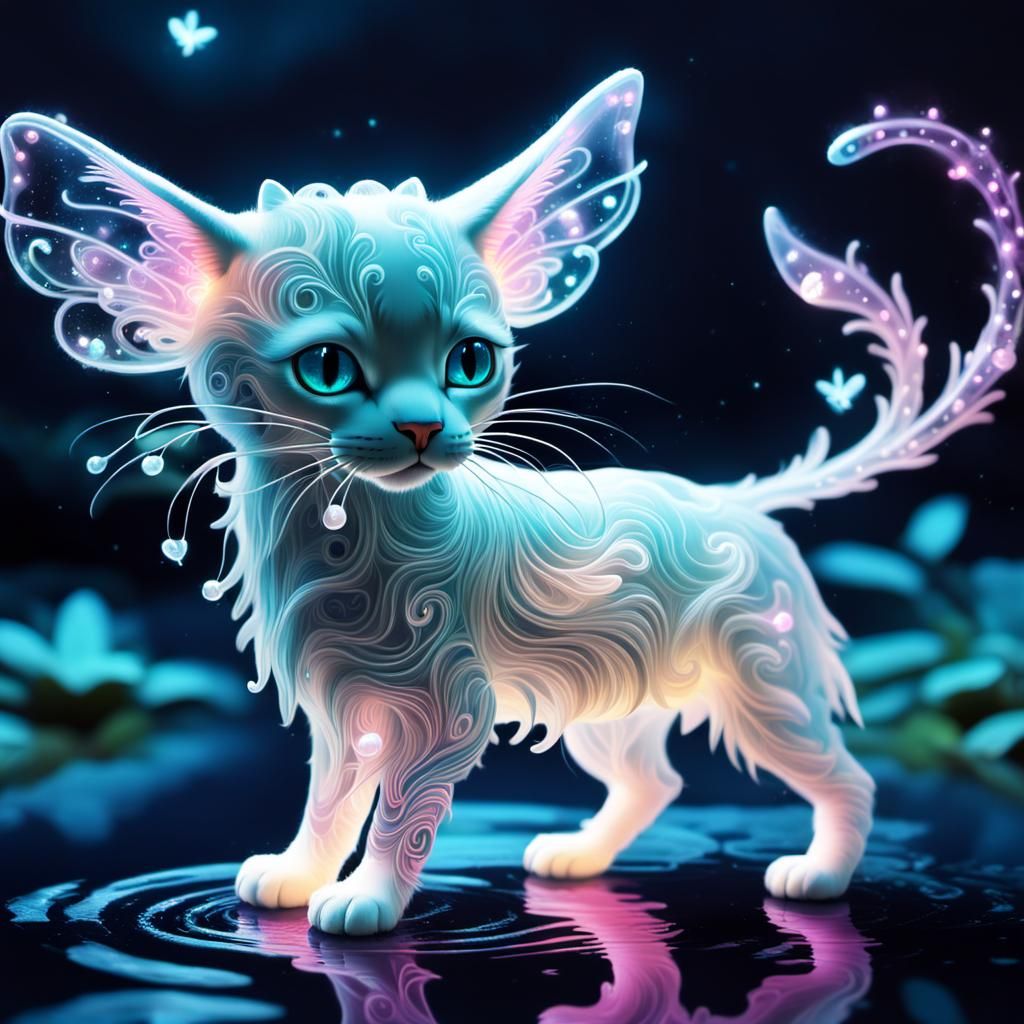 Bioluminescent Fairy Cat with Psychedelic Reflection