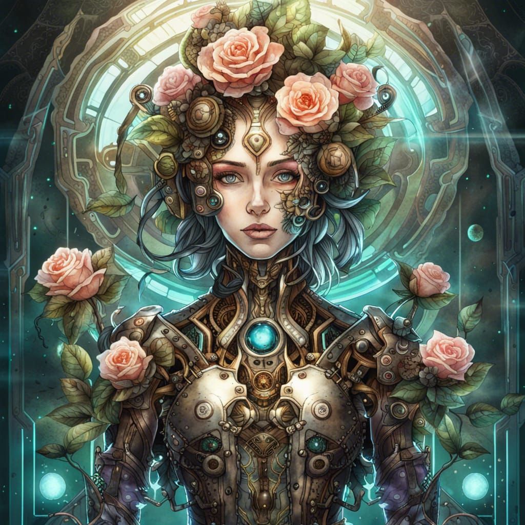 Steampunk Cyborg Princess with Roses in Watercolor Style