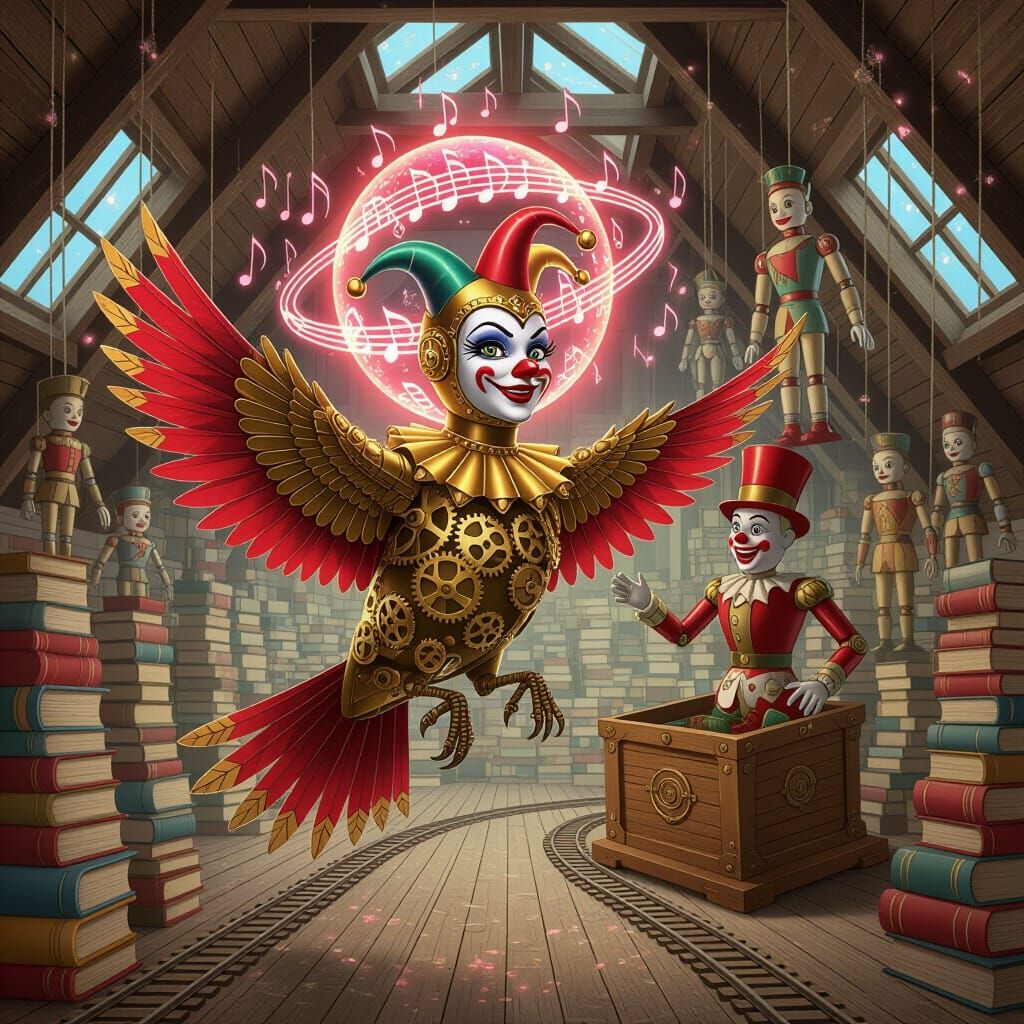 Clockwork Jester Bird with Brass Gears and Porcelain Shards