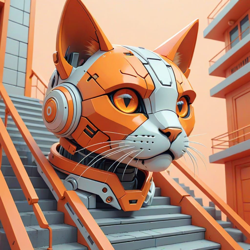 3D Anime Robotic Cat Head in Orange