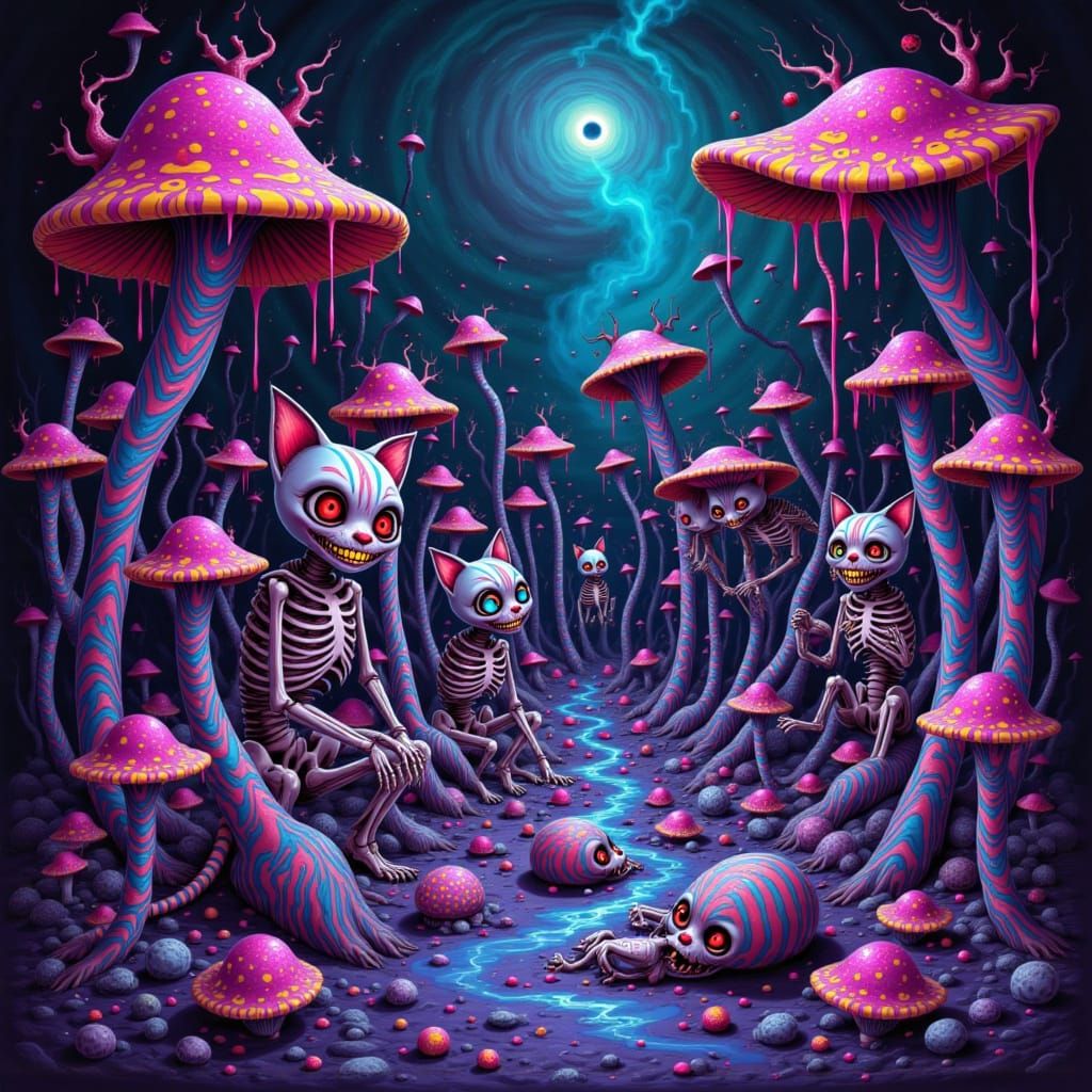 Trippy Skeletal Kitties and Glowing Mushrooms in Hellish Lan...