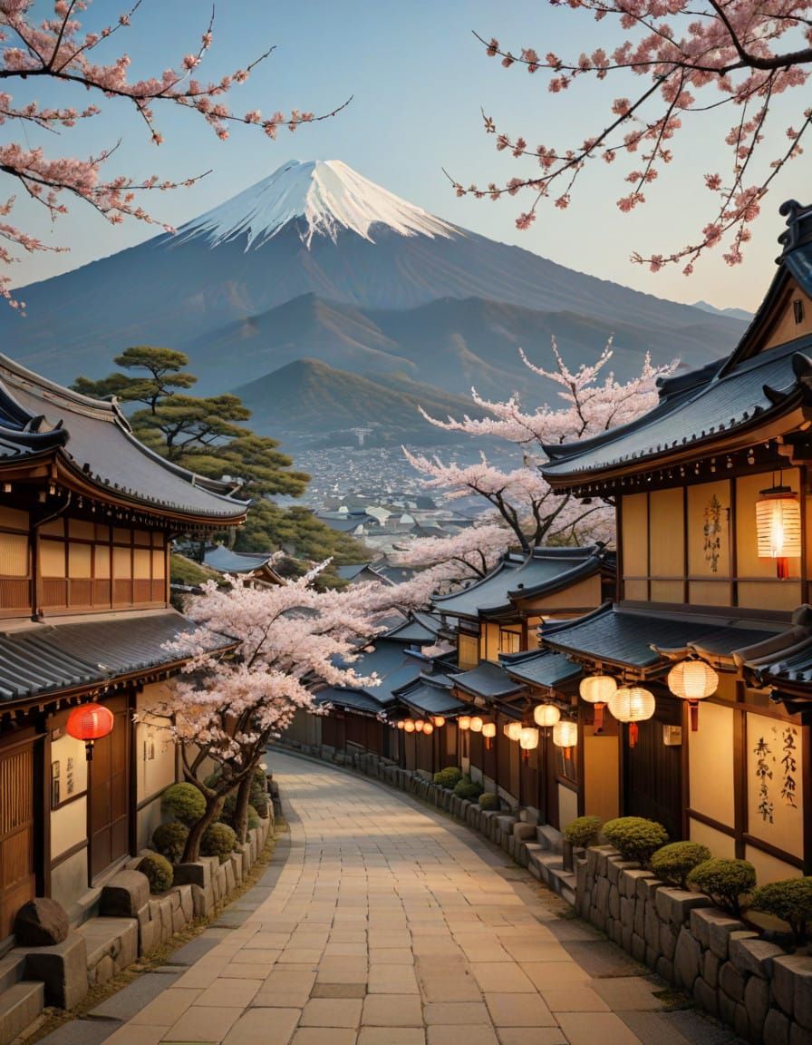 Ancient Japanese Village Square in Vibrant Harmony