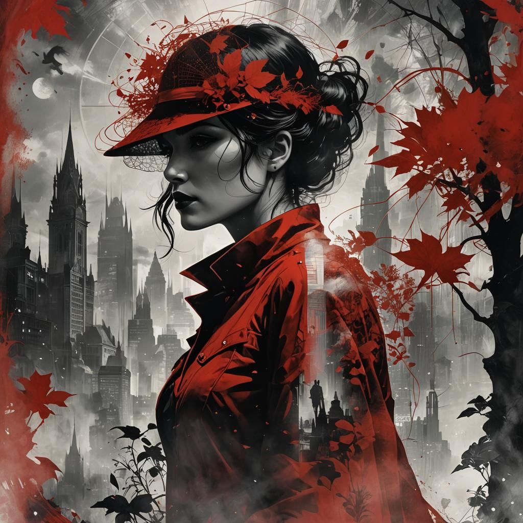 Noir Detective Silhouette Double Exposure in Red