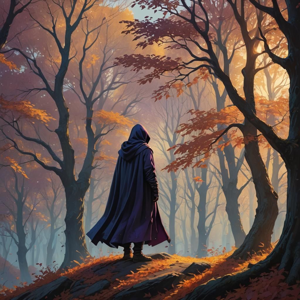 Eerie Autumnal Figure in Fantasy Landscape