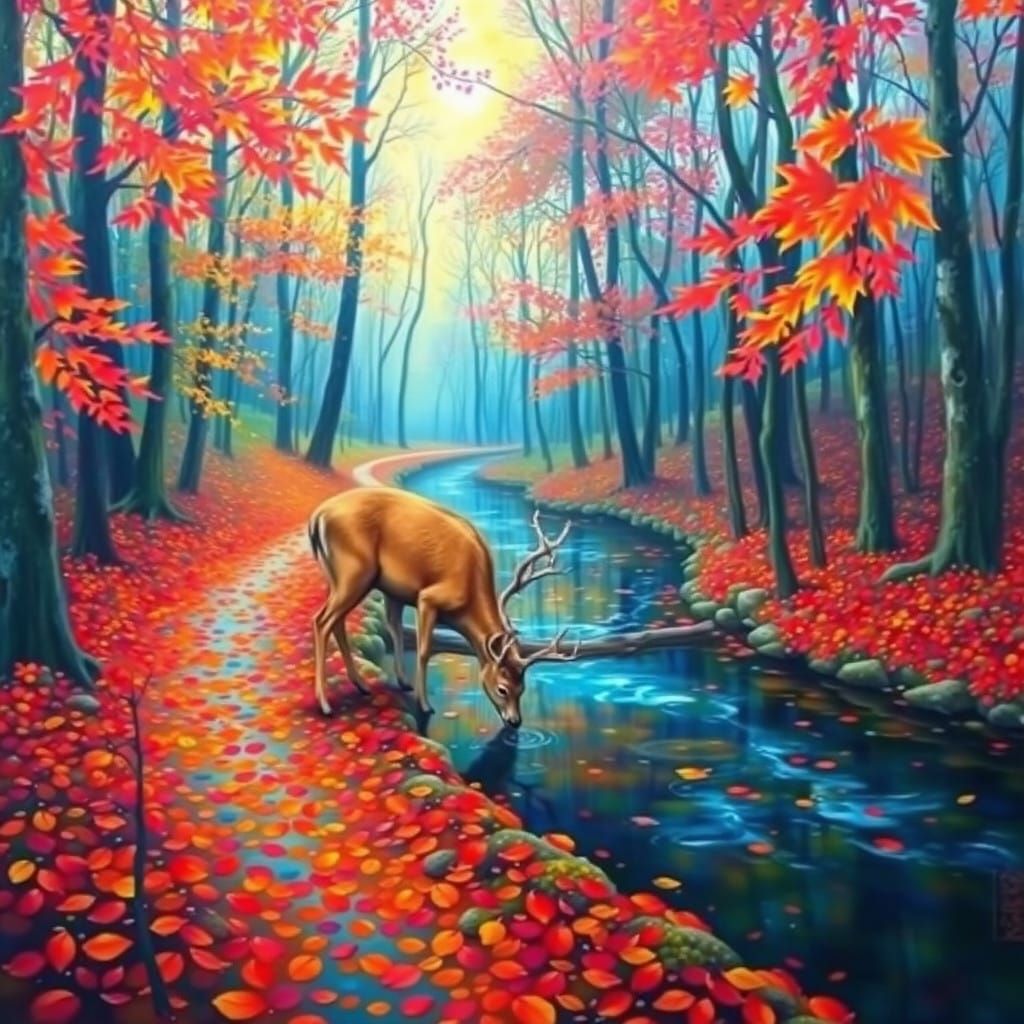 Whimsical Forest Scene in Vibrant Surrealist Style