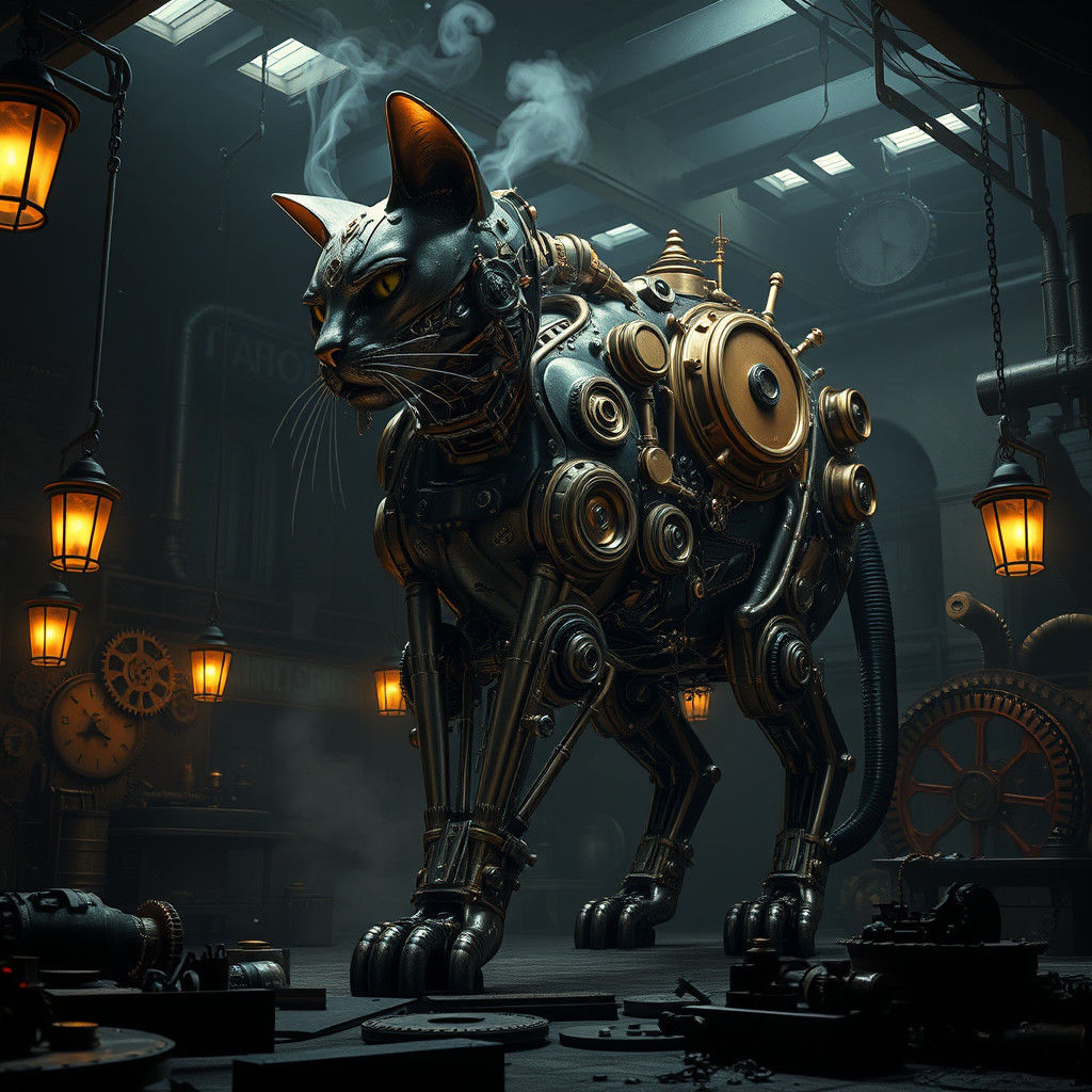 Steampunk Mechanical Cat in Industrial Workshop