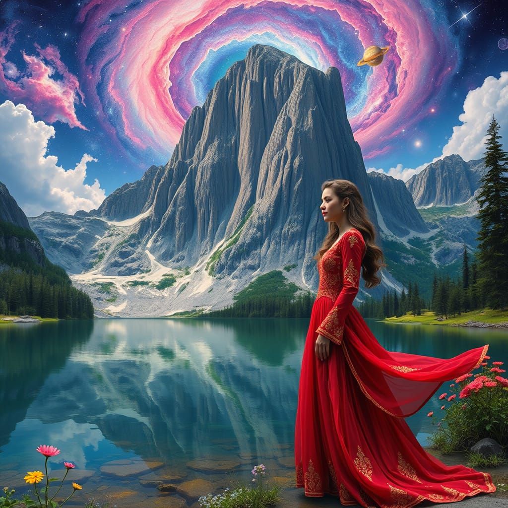 Fantasy Landscape Painting of Young Woman by Majestic Mounta...