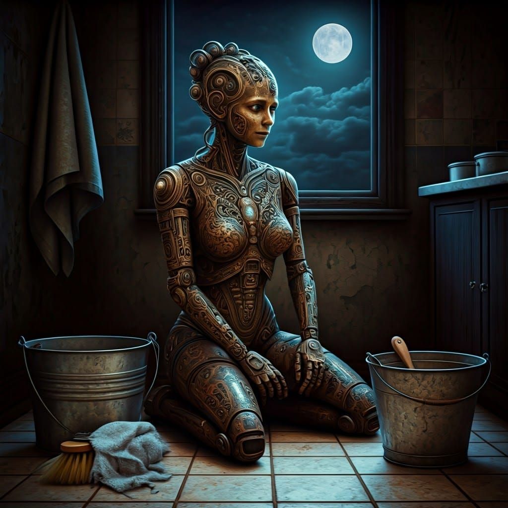 Melancholic Bronze Robot in Art Nouveau Style