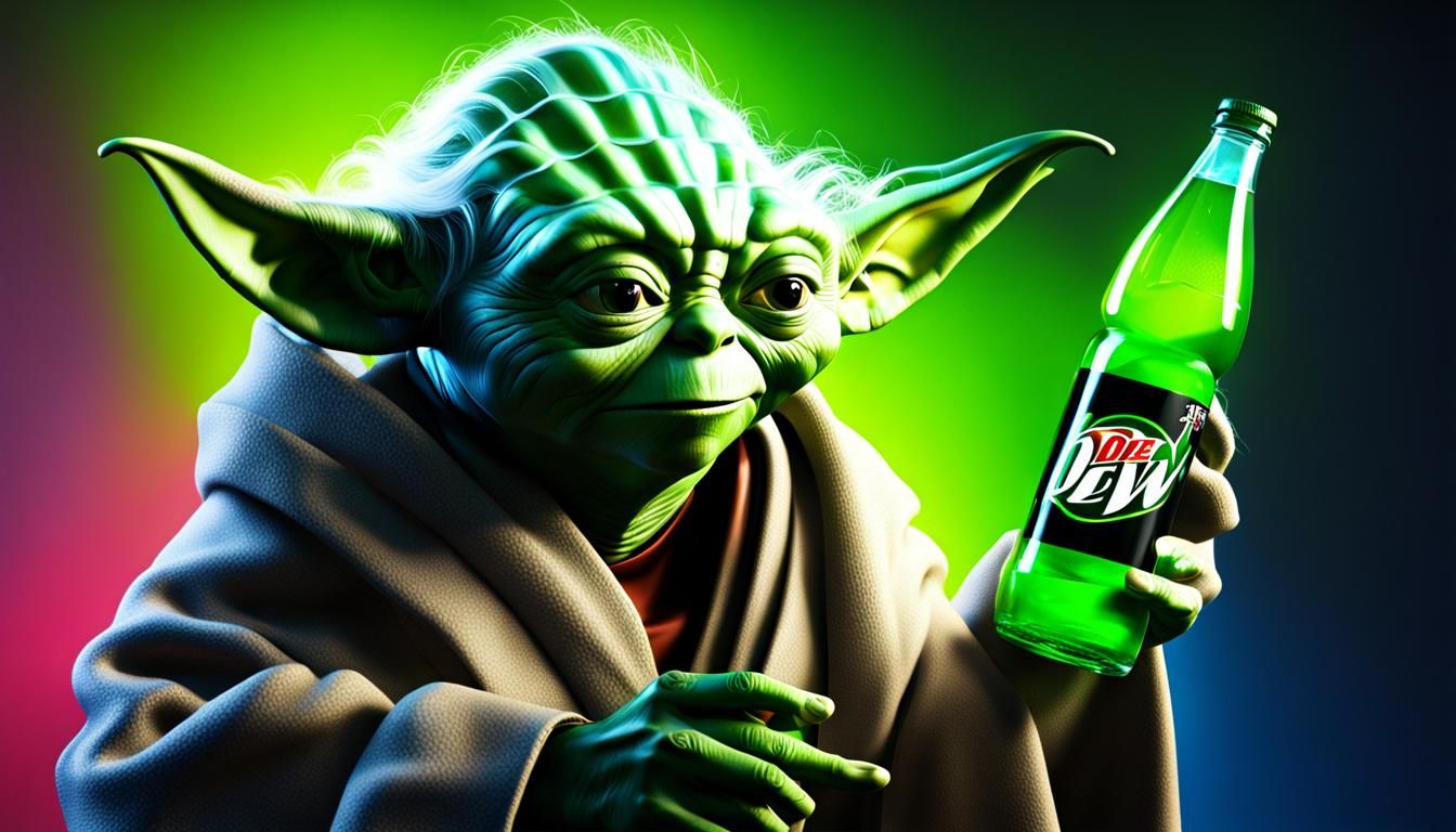 Yoda and Empty Mountain Dew Bottle