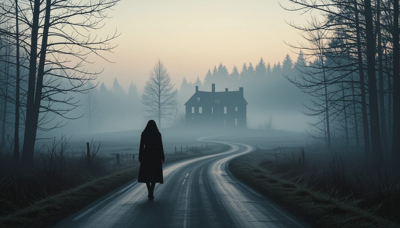 Eerie Dawn: Woman Walks Toward Decaying Orphanage
