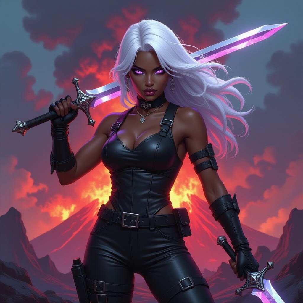 Drow Warrior Amidst Volcanic Eruption as Digital Art
