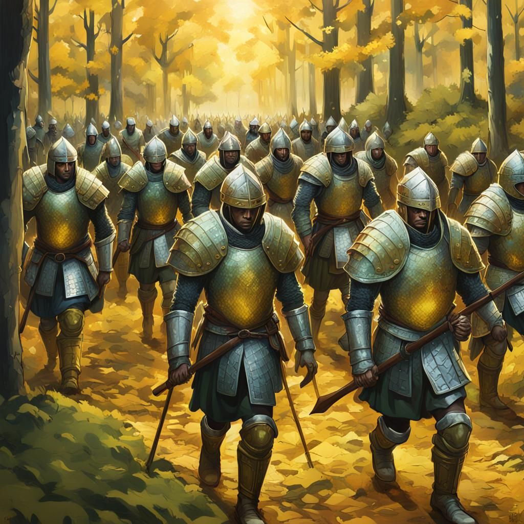 Soldiers in Chainmail Marching Through Woods: Hyperrealistic...