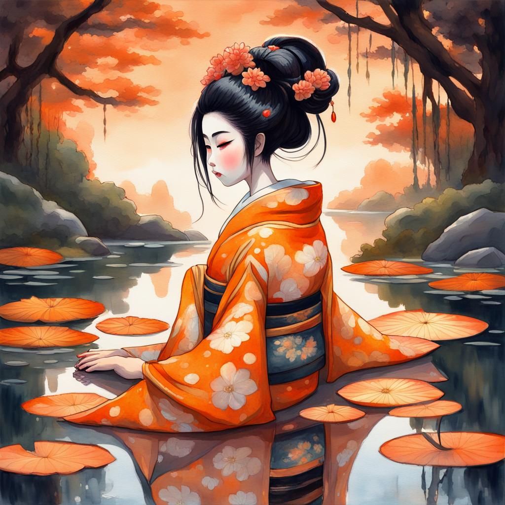 Chibi Geisha with Mirrored Reflection in Gouache Style