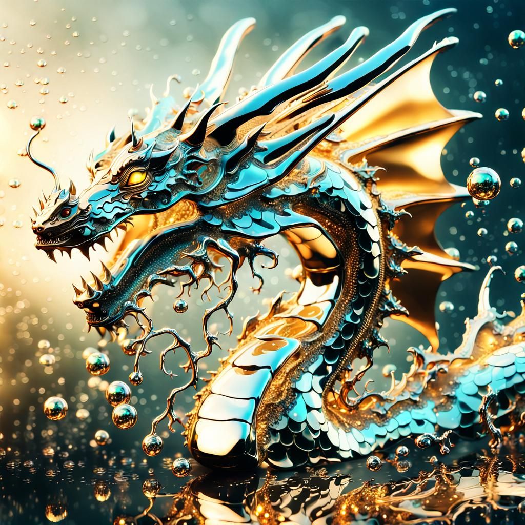 Majestic Chrome Dragon with Fractals in Surreal Style