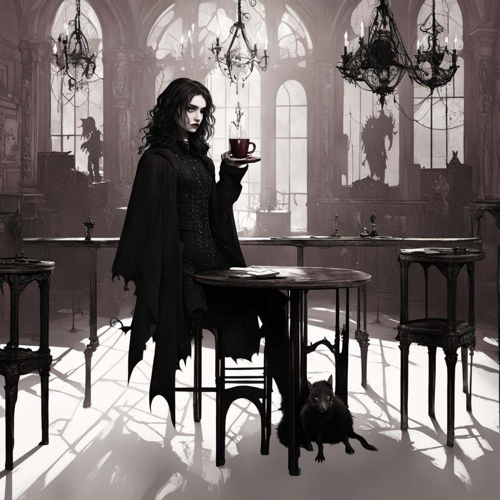 Goth Model in Moody Coffee Shop with Bats and Rats