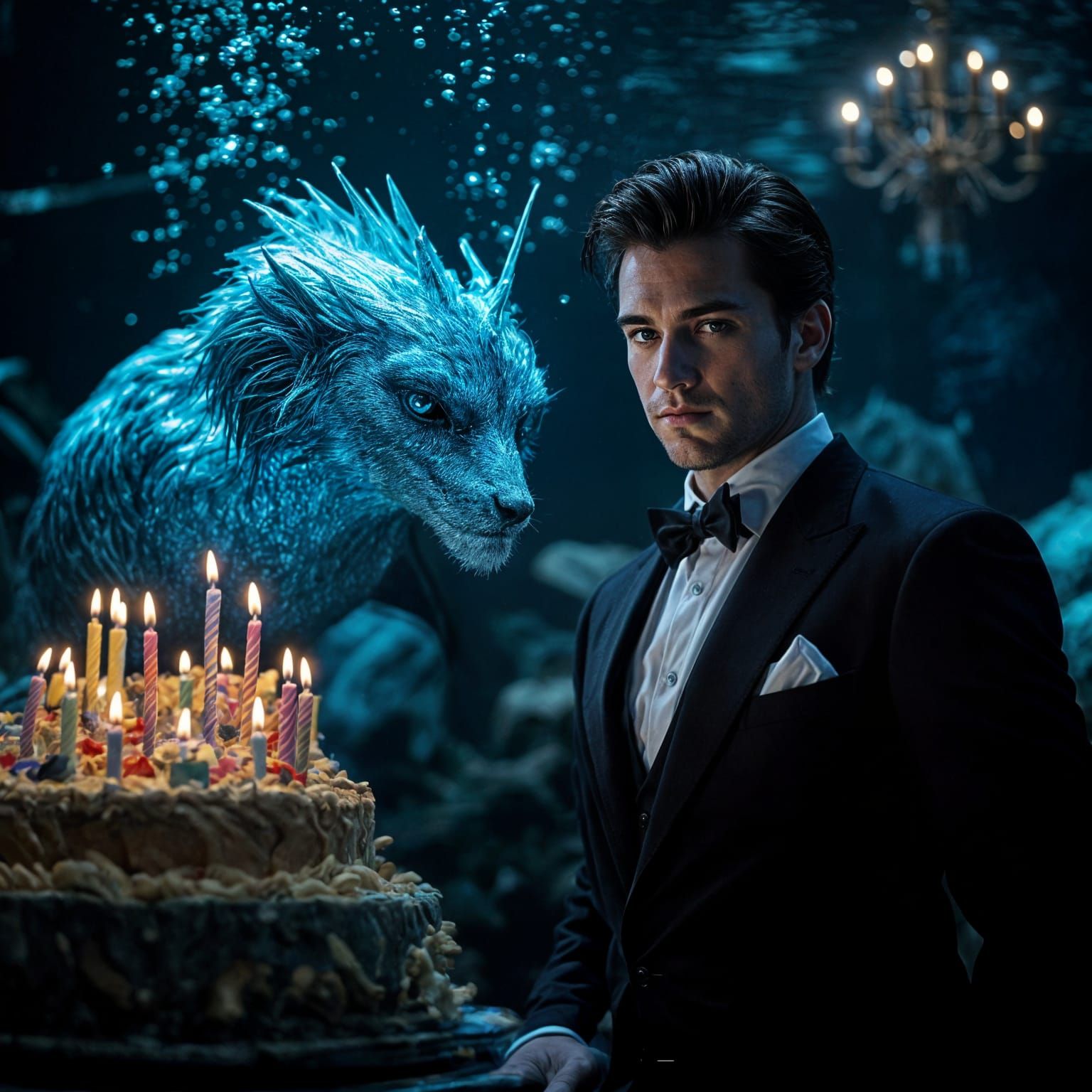 Birthday Merman Encounter in Futuristic Underwater Setting