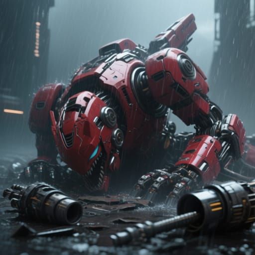 Damaged Mechanical Zoid in Rainstorm: Sci-Fi Art