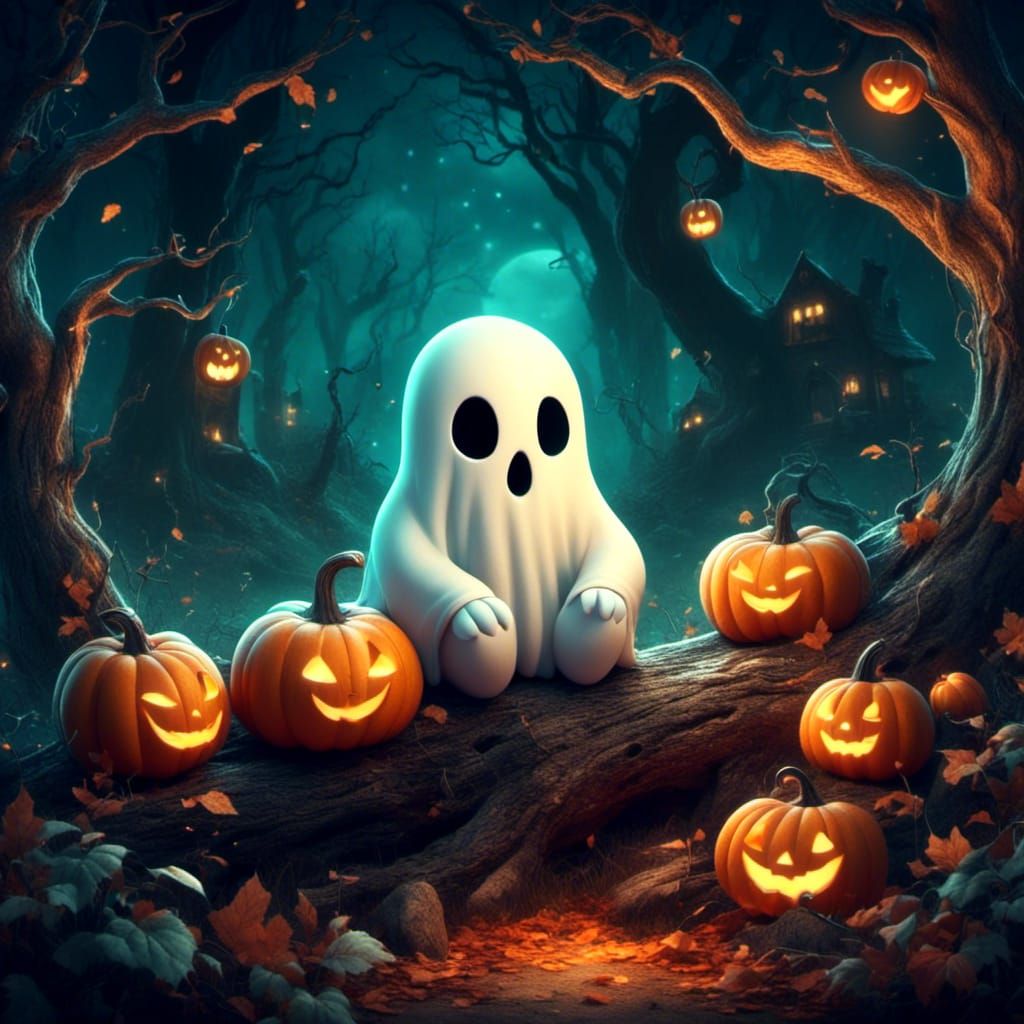Adorable Ghost on Pumpkin in Mystical Forest