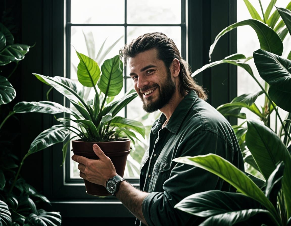 Happy Gardener with Monsteras and Orchids