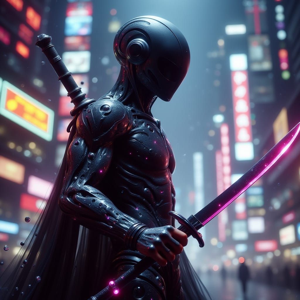 Cyberpunk Samurai Wields Futuristic Katana in Neon-Lit Citys...