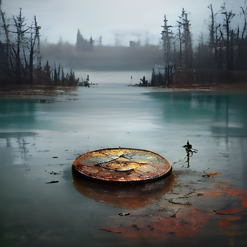 Eerie Wasteland: Heavily Rusted Coin in Empty Lake