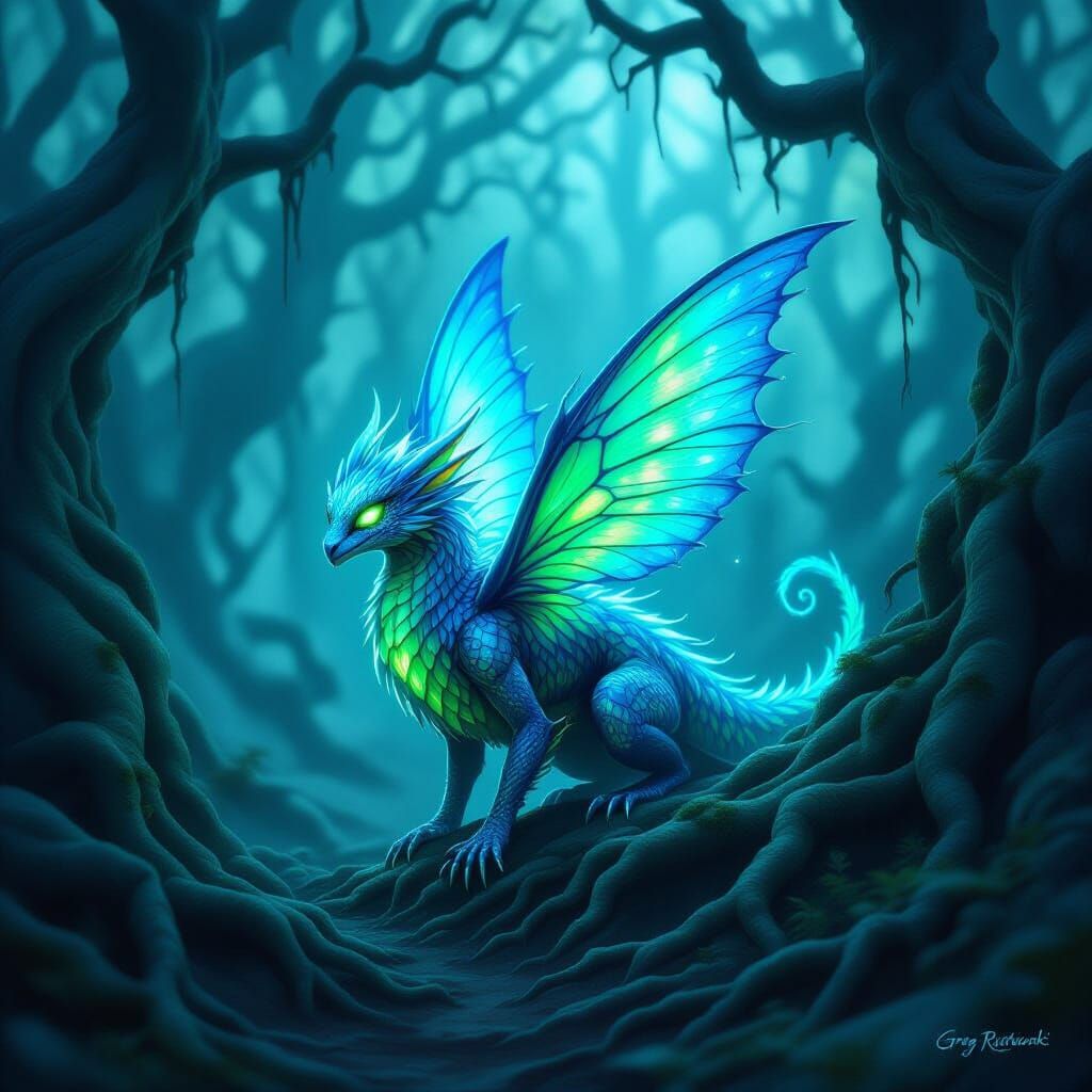 Iridescent Creature Lurking in Misty Forest