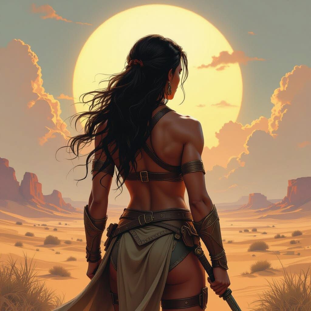 Amazon Warrior Gazes at Sunlit Landscape in Fantasy Art Styl...