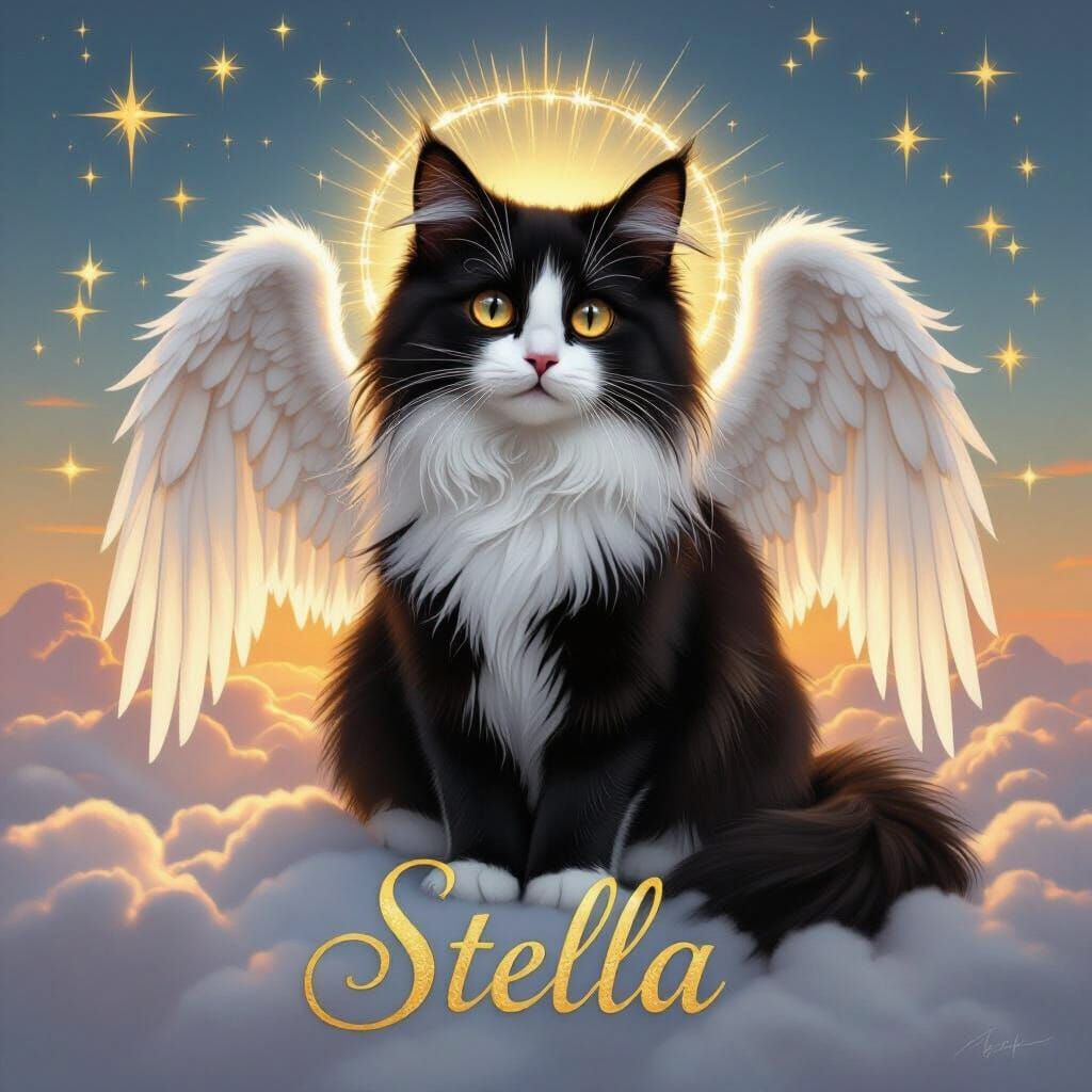 Angelic Cat in Sunset Clouds: Fine Art Oil Painting