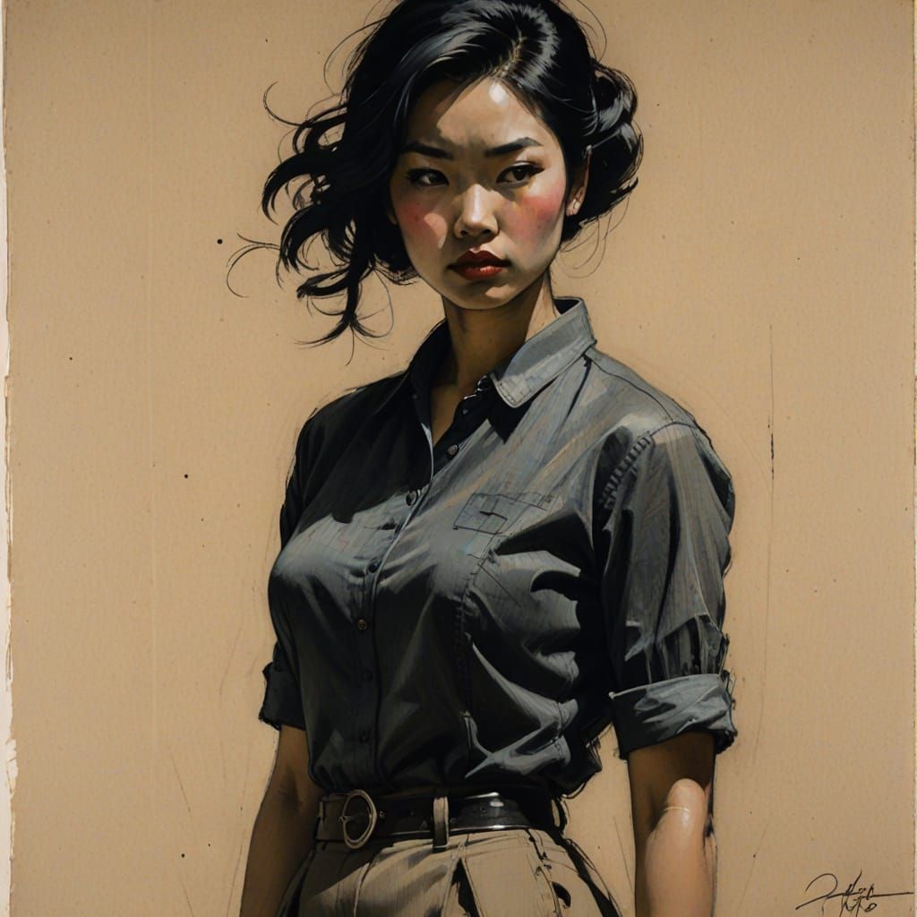 Expressive Charcoal Sketch of 1950s Asian Pin-Up